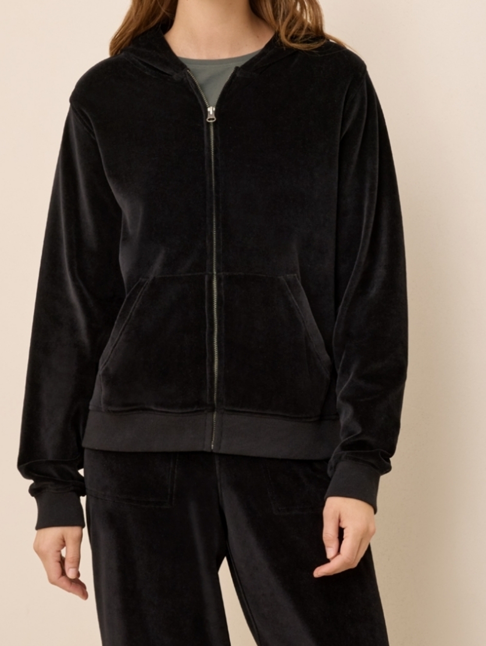 Pact Black Velour Zip-Up Bomber Hoodie And Wide Leg Pant
